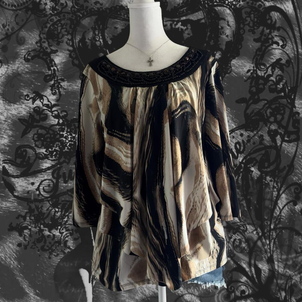 bejeweled beaded neck beige black abstract painterly brushstroke print glam top